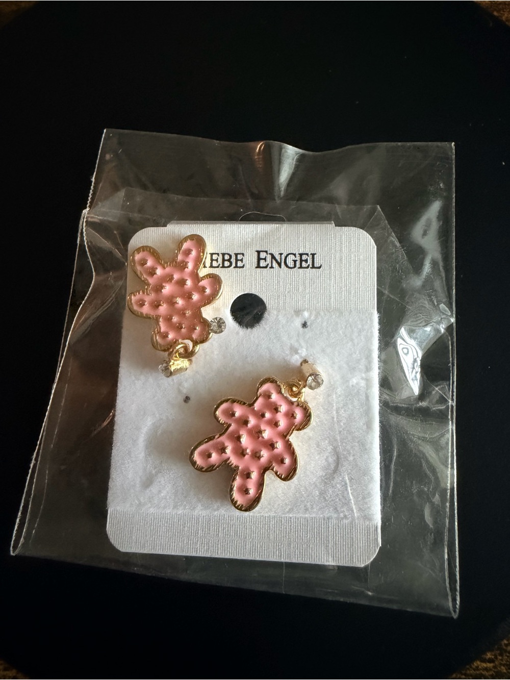 Pink Teddy Pendant Stud Earrings - Gold Trim